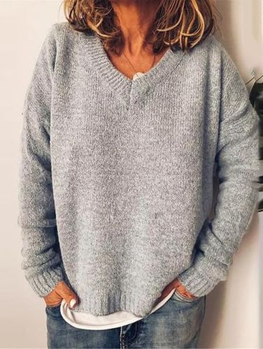 Plain V Neck Loose Casual Sweater - Just Fashion Now - Modalova