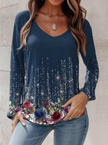 Women's Long Sleeve T-shirt Spring/Fall Navy Blue Floral Jersey V Neck Holiday Going Out Casual Top - Just Fashion Now - Modalova