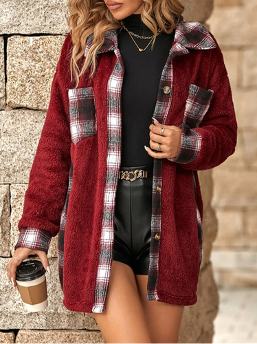 Plaid Split Joint Casual Teddy Jacket - Just Fashion Now - Modalova