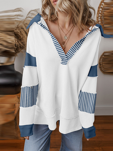 Striped Casual Shawl Collar Loose Sweatshirt - Just Fashion Now - Modalova