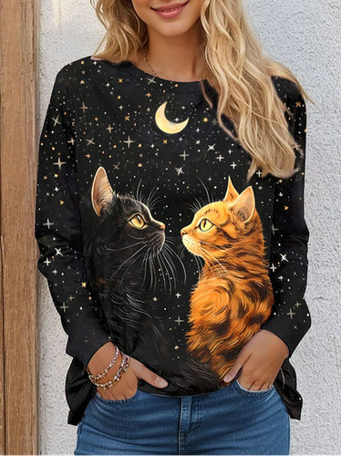 Women's Long Sleeve T-shirt Spring/Fall Black Cat Jersey Crew Neck Daily Going Out Casual Top - Just Fashion Now - Modalova