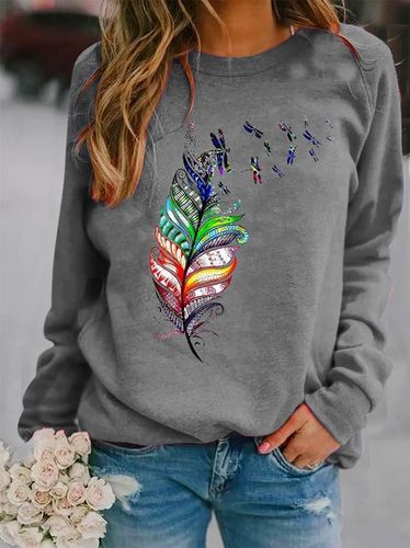 Loose Casual Crew Neck Dragonfly Sweatshirt - Just Fashion Now - Modalova