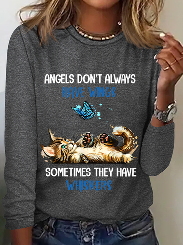 Angels Dont Always Have Wings They Have Whiskers Cat Casual Long Sleeve Shirt - Just Fashion Now - Modalova