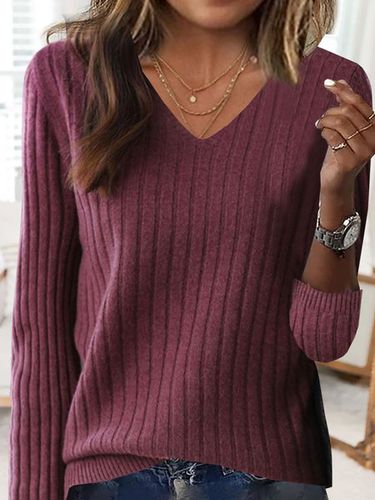 Casual V-neck Yarn/Wool Yarn Plain Sweater - Just Fashion Now - Modalova