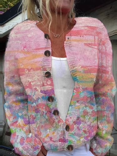 Women's Pink Art Oil Painting Breast Cancer Sweater Knit Cardigan - Just Fashion Now - Modalova