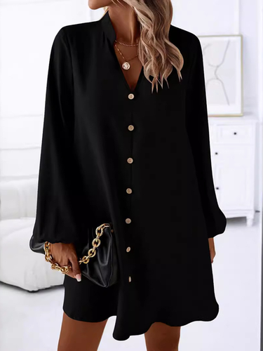 Women's Long Sleeve Summer Black Plain Buckle V Neck Daily Going Out Casual Knee Length H-Line Dress - Just Fashion Now - Modalova