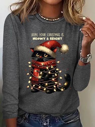 Hope Your Christmas Is Meowy and Bright Casual Long Sleeve Shirt - Just Fashion Now - Modalova