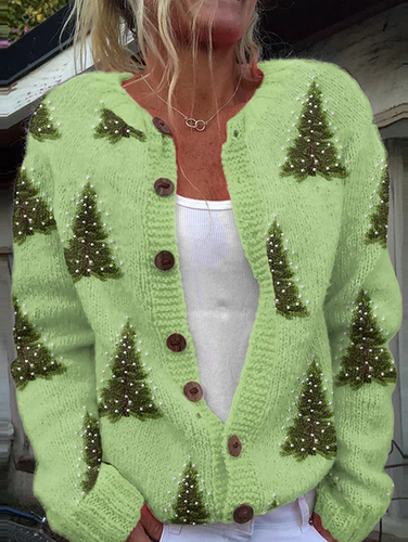 Women's Christmas Tree Art Button Cozy Sweater - Just Fashion Now - Modalova