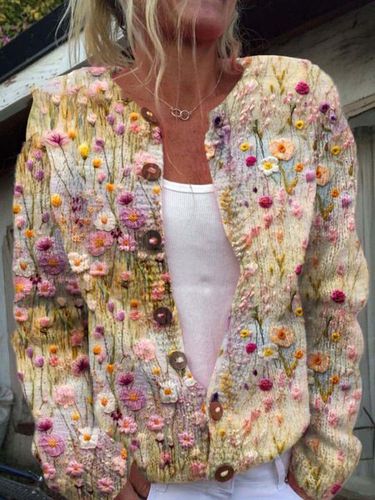 Floral Embroidery Art Print Buttoned Cardigan - Just Fashion Now - Modalova