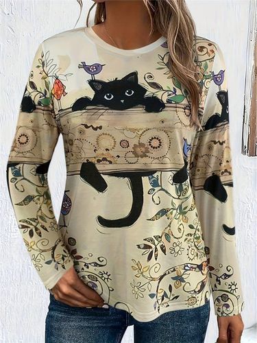 Cute Cat Design Round Neck Casual T-Shirt - Just Fashion Now - Modalova