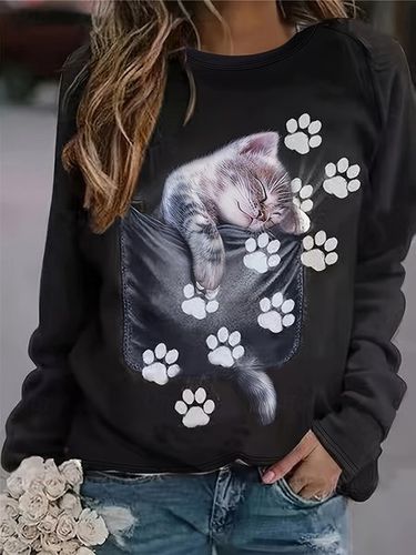 Cute Cat Design Round Neck Casual Sweatshirt - Just Fashion Now - Modalova