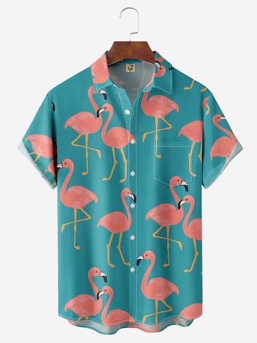 Flamingo Chest Pocket Short Sleeve Hawaiian Shirt - Modetalente - Modalova