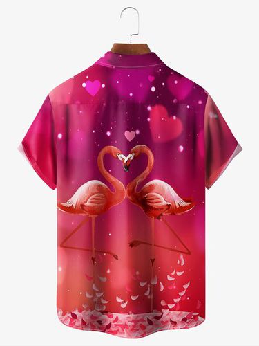 Valentine's Day Flamingo Chest Pocket Short Sleeve Casual Shirt - Modetalente - Modalova