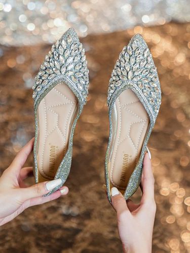Sparkling Rhinestone Glitter Party Flat Heel Shallow Shoes - Just Fashion Now - Modalova