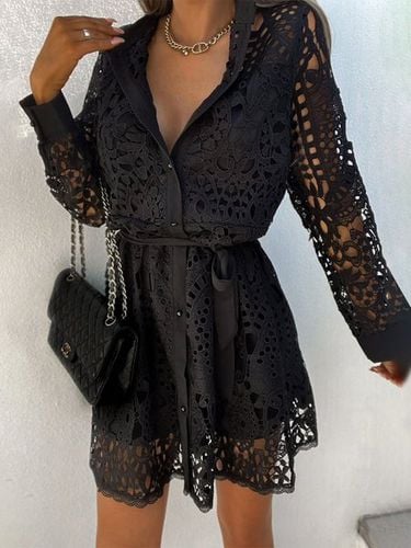 Shirt Collar Lace Plain Elegant Dress With Belt - Just Fashion Now - Modalova