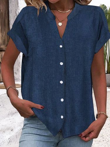 Casual V Neck Cotton Plain Blouse - Modetalente - Modalova