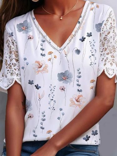 Floral Cotton-Blend Lace Edge Casual Shirt - Just Fashion Now - Modalova