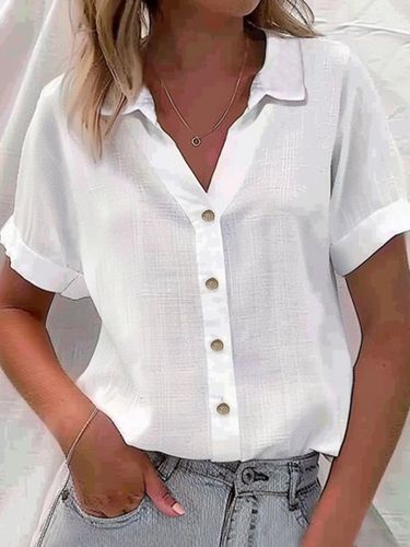 Casual Shirt Collar Plain Cotton Blouse - Just Fashion Now - Modalova