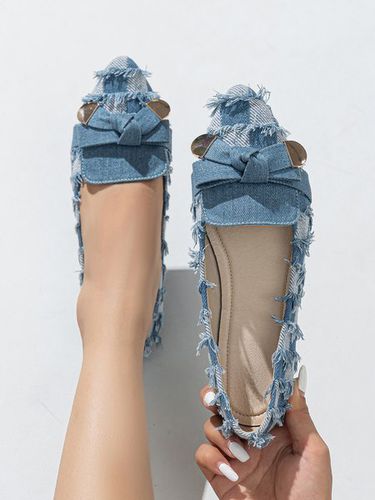 Fashionable Denim Plaid Fringe Bowknot Flat Shallow Shoes - Just Fashion Now - Modalova