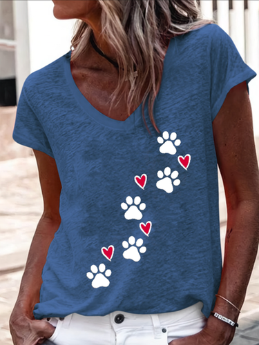 Heart Dog V Neck Regular Fit Cotton-Blend Casual T-Shirt - Just Fashion Now - Modalova