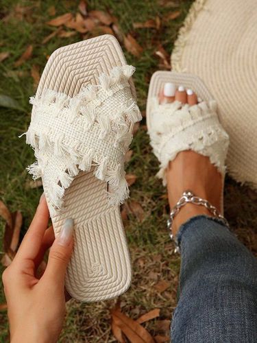 Boho Tassel Cross Strap Beach Slide Sandals - Just Fashion Now - Modalova