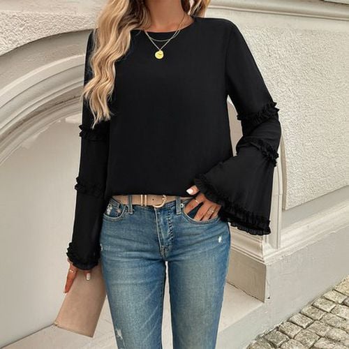 Women's Long Sleeve Blouse Spring/Fall Black Plain Peplum V Neck Bell Sleeve Daily Going Out Top - Just Fashion Now - Modalova