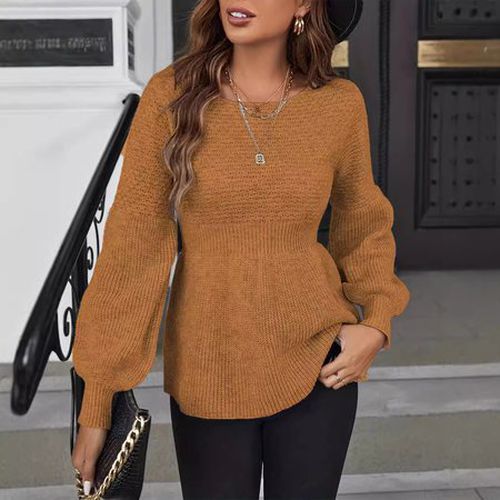 Balloon Sleeve Casual Loose Crew Neck Plain Sweater - Just Fashion Now - Modalova