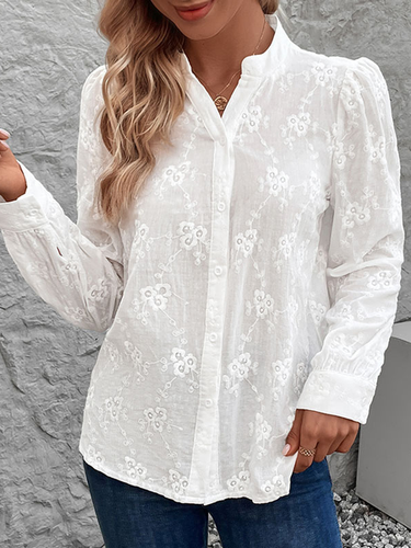 Women's Long Sleeve Shirt Spring/Fall White Plain Buckle Crew Neck Daily Going Out Casual Top - Just Fashion Now - Modalova