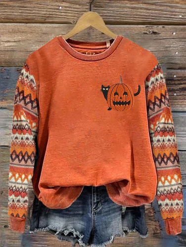 Halloween Pumpkin Cat Design Casual Sweatshirt - Just Fashion Now - Modalova