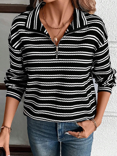 Striped Shawl Collar Zipper Casual Sweatshirt - Just Fashion Now - Modalova