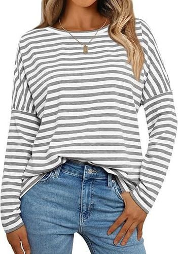 Crew Neck Casual Loose Striped Sweatshirt - Just Fashion Now - Modalova