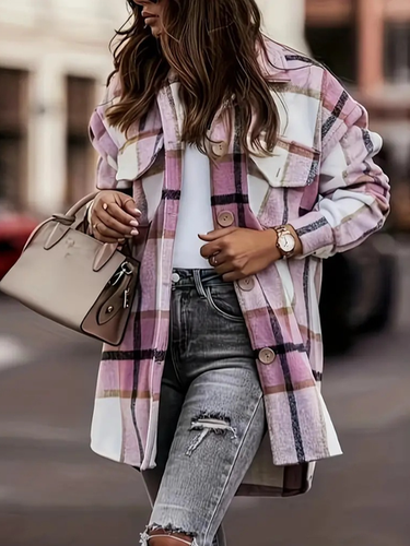 Shirt Collar Loose Plaid Casual Jacket - Just Fashion Now - Modalova