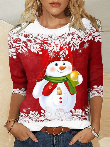 Women's Long Sleeve T-shirt Spring/Fall Red Christmas Snowman Printing Jersey Crew Neck Holiday Going Out Casual Top - Just Fashion Now - Modalova