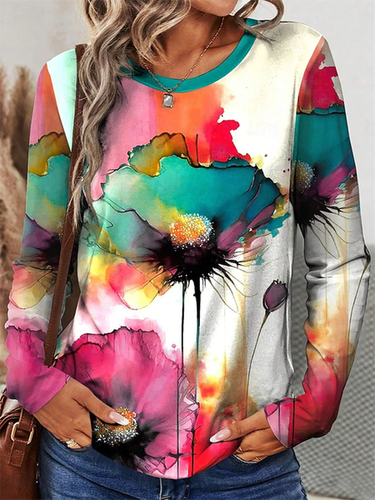 Women's Long Sleeve T-shirt Spring/Fall Multicolor Floral Printing Jersey Crew Neck Daily Going Out Casual Top - Just Fashion Now - Modalova