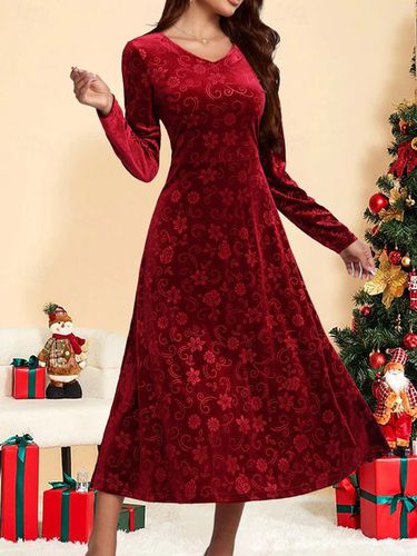 Women's Long Sleeve Spring/Fall Red Plain V Neck Holiday Going Out Casual Maxi H-Line Dress - Just Fashion Now - Modalova