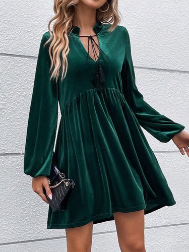 Women's Long Sleeve Spring/Fall darkgreen Plain Notched Holiday Going Out Casual Mini H-Line Dress - Just Fashion Now - Modalova