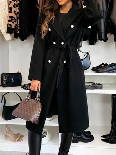 Lapel Collar Plain Buckle Casual Coat With Belt - Just Fashion Now - Modalova