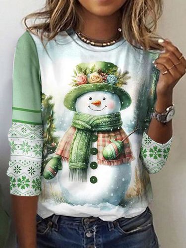 Christmas Snowman Design Round Neck Casual T-Shirt - Just Fashion Now - Modalova