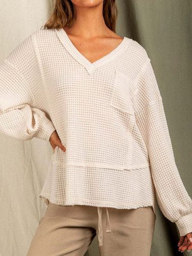 Women's Long Sleeve Blouse Spring/Fall Off White Plain Pocket Stitching V Neck Daily Going Out Casual Top - Just Fashion Now - Modalova