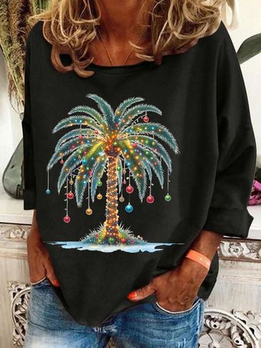 Ladies' Christmas Palm Tree Printed Casual Sweatshirt - Just Fashion Now - Modalova