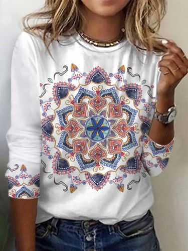 Women's Long Sleeve T-shirt Spring/Fall White Ethnic Jersey Crew Neck Daily Going Out Casual Top - Just Fashion Now - Modalova