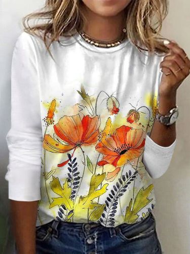 Women's Long Sleeve T-shirt Spring/Fall White Floral Jersey Crew Neck Daily Going Out Casual Top - Just Fashion Now - Modalova