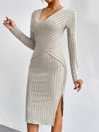 Women's Long Sleeve Spring/Fall Apricot Plain V Neck Daily Going Out Casual Midi H-Line Dress - Just Fashion Now - Modalova