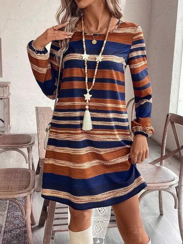 Women's Long Sleeve Spring/Fall Stripe Striped Crew Neck Daily Going Out Casual Midi A-Line Dress - Just Fashion Now - Modalova