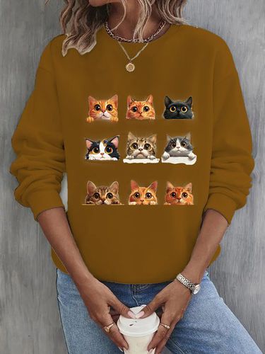 Casual Cat Crew Neck Sweatshirt - Just Fashion Now - Modalova