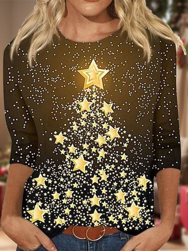 Star Print Round Neck Long Sleeve T-Shirt - Just Fashion Now - Modalova