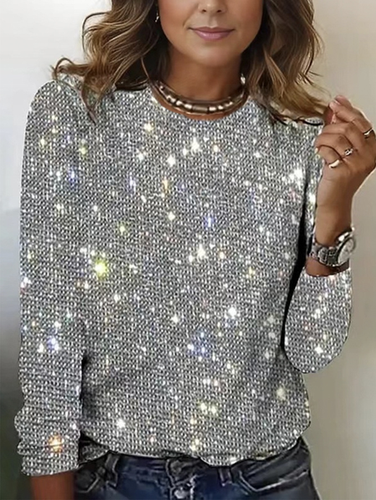 Women's Long Sleeve T-shirt Spring/Fall Silver Geometric Glitter Crew Neck Daily Going Out Casual Top - Just Fashion Now - Modalova