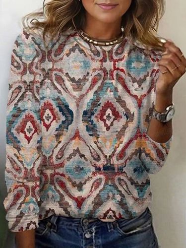 Ethnic Print Long Sleeve Crew Neck T-shirt - Just Fashion Now - Modalova