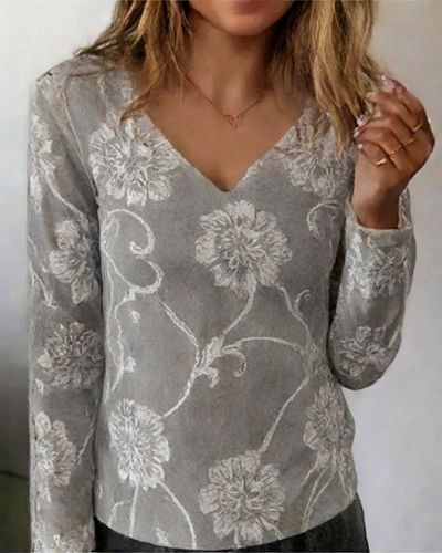 Print Casual V Neck Long Sleeve T-Shirt - Just Fashion Now - Modalova