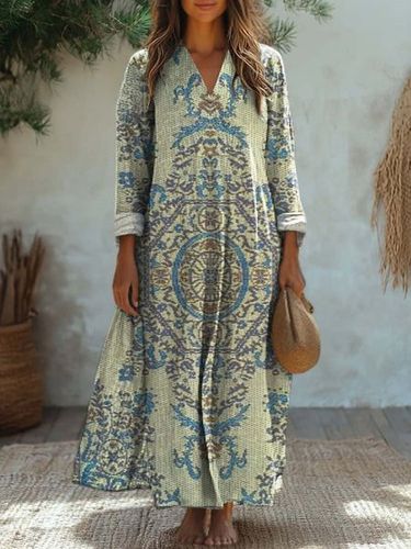 Ethnic Print Long Sleeve V-neck Dress - Just Fashion Now - Modalova